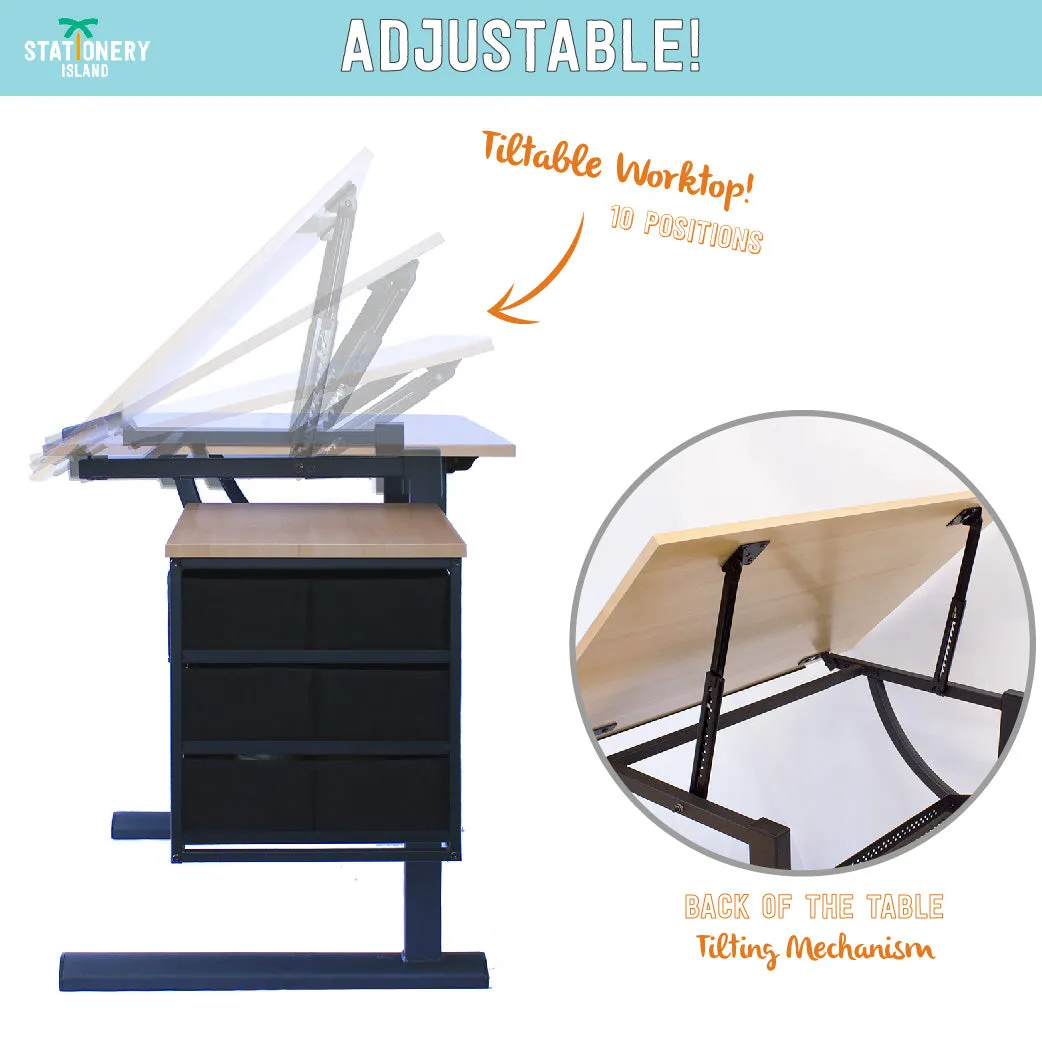 Caye Drafting Table - Art & Crafts Desk with Storage, Stool & Clips