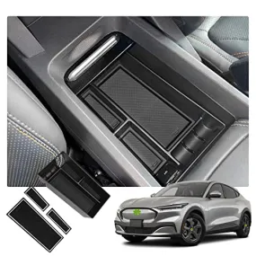Center Console Organizer Tray for 2021  Mustang Mach-E Armrest Box Organizer Secondary Storage Glove Box for Latest Mustang Interior Accessories with USB Hole and Coin Holder (Black White)