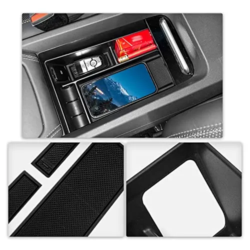 Center Console Organizer Tray for 2021  Mustang Mach-E Armrest Box Organizer Secondary Storage Glove Box for Latest Mustang Interior Accessories with USB Hole and Coin Holder (Black White)