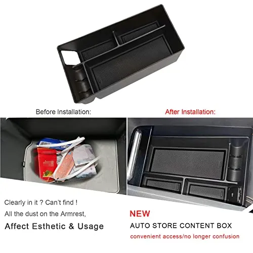 Center Console Organizer Tray for 2021  Mustang Mach-E Armrest Box Organizer Secondary Storage Glove Box for Latest Mustang Interior Accessories with USB Hole and Coin Holder (Black White)