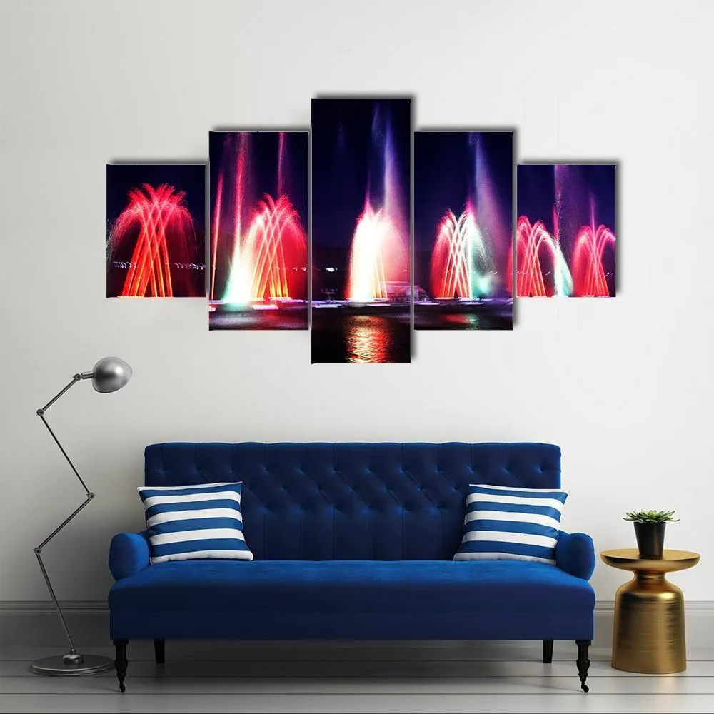 Colorful Fountain At Night Canvas Wall Art