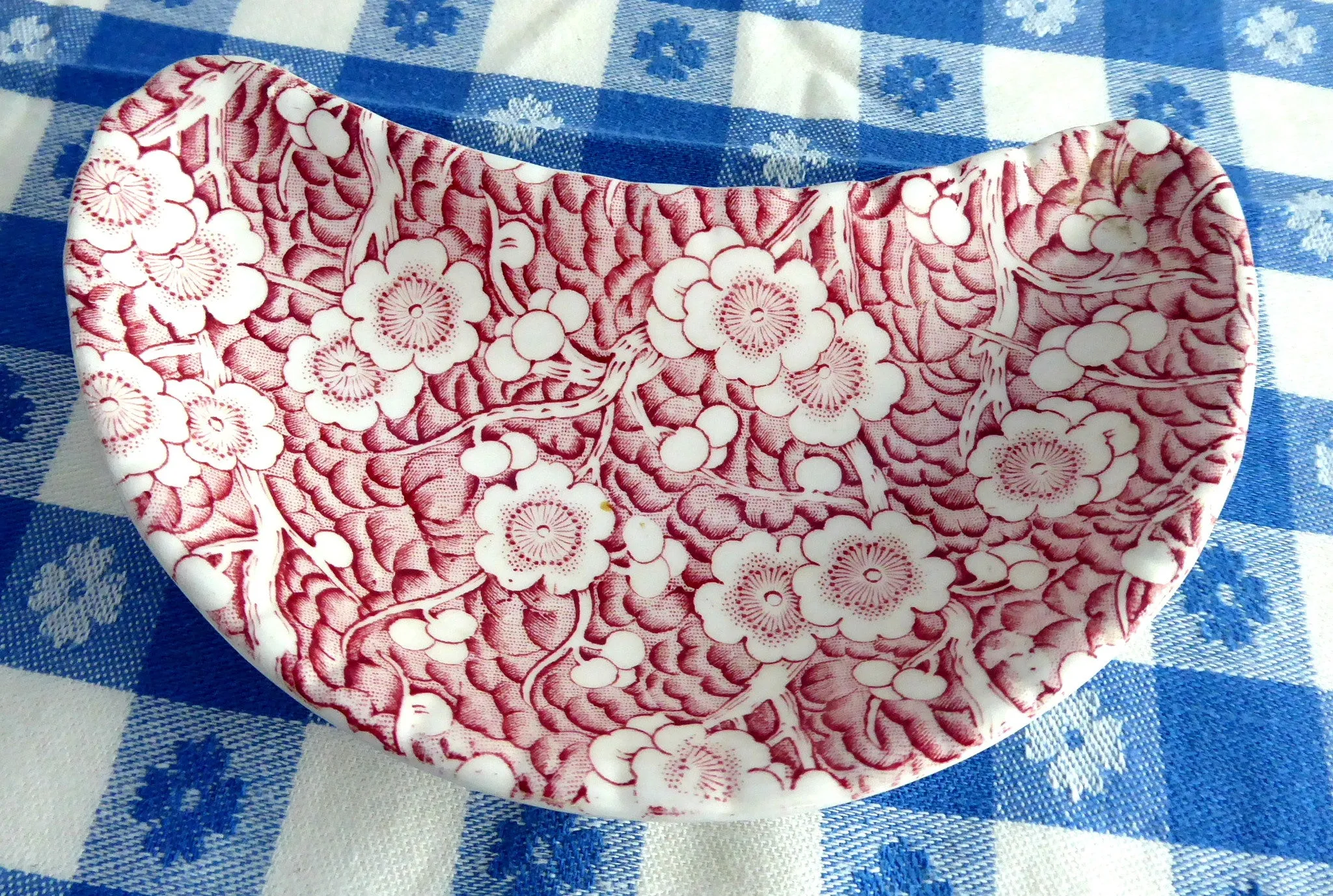 Crescent Bone Dish Adams Red Transfer Staffordshire Flower 1940s Side Dish