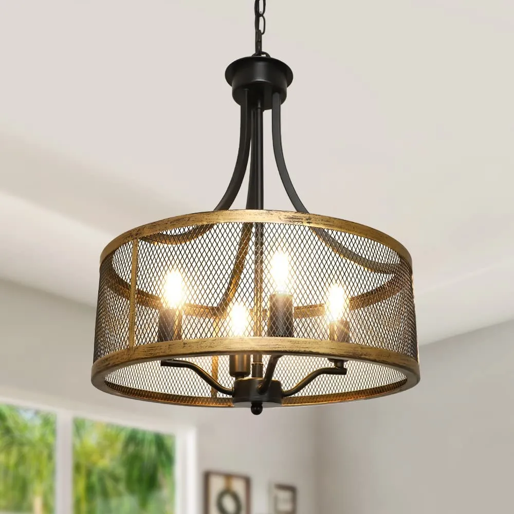 Depuley 4-Light Farmhouse Industrial Chandelier Lighting, Drum Hanging Pendant Light Fixture with Antique Gold and Matte Black for Dining Room Kitchen Living Room, Height Adjustable