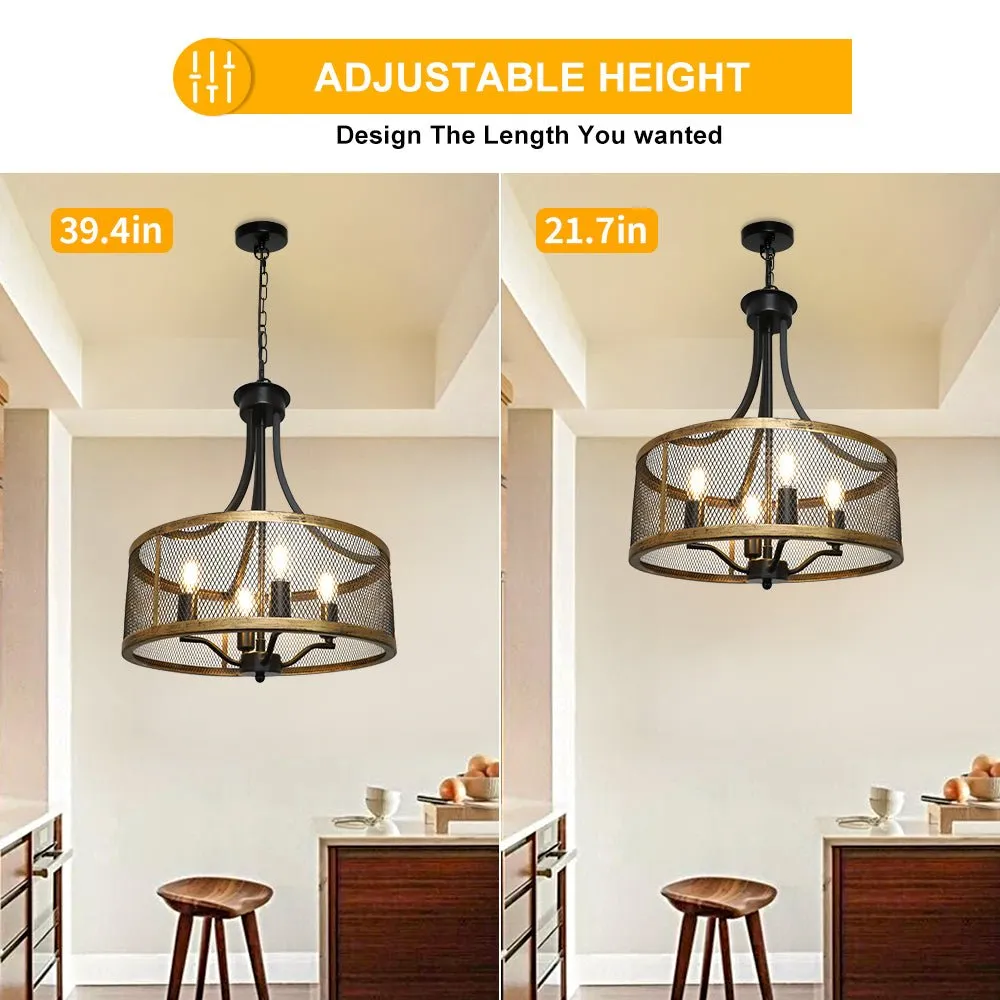 Depuley 4-Light Farmhouse Industrial Chandelier Lighting, Drum Hanging Pendant Light Fixture with Antique Gold and Matte Black for Dining Room Kitchen Living Room, Height Adjustable