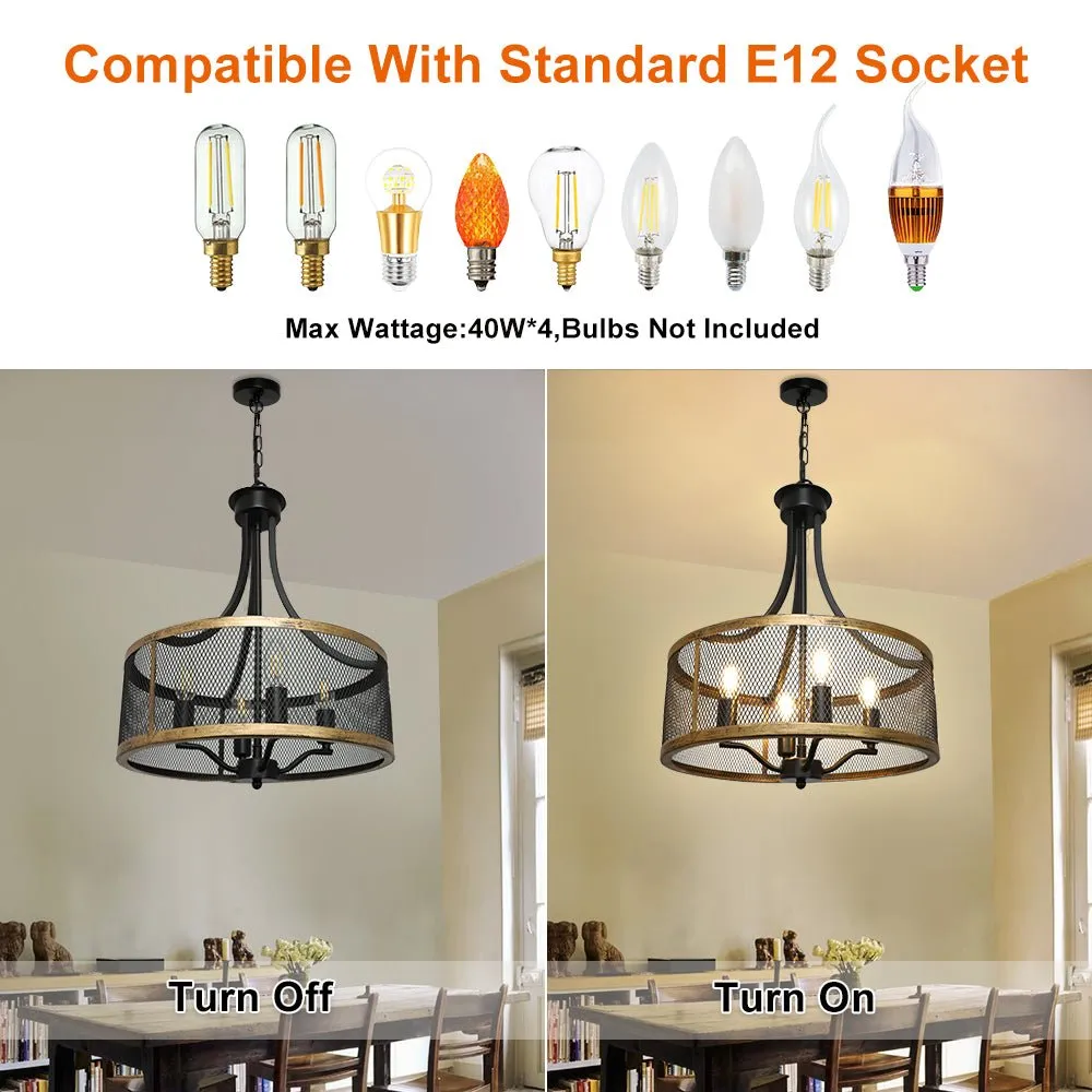 Depuley 4-Light Farmhouse Industrial Chandelier Lighting, Drum Hanging Pendant Light Fixture with Antique Gold and Matte Black for Dining Room Kitchen Living Room, Height Adjustable