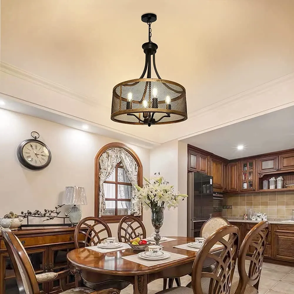 Depuley 4-Light Farmhouse Industrial Chandelier Lighting, Drum Hanging Pendant Light Fixture with Antique Gold and Matte Black for Dining Room Kitchen Living Room, Height Adjustable