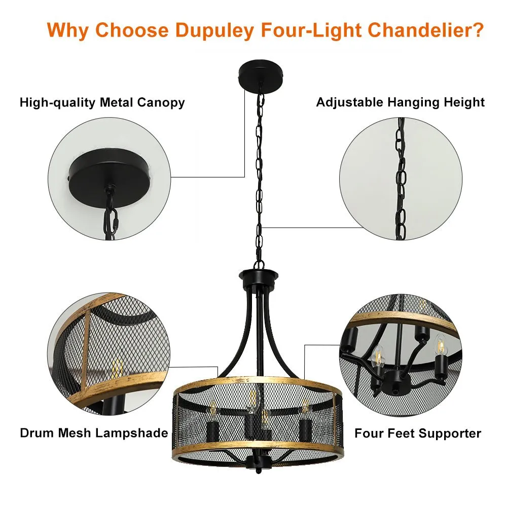 Depuley 4-Light Farmhouse Industrial Chandelier Lighting, Drum Hanging Pendant Light Fixture with Antique Gold and Matte Black for Dining Room Kitchen Living Room, Height Adjustable