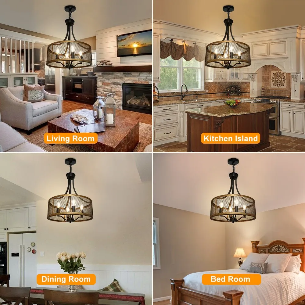 Depuley 4-Light Farmhouse Industrial Chandelier Lighting, Drum Hanging Pendant Light Fixture with Antique Gold and Matte Black for Dining Room Kitchen Living Room, Height Adjustable