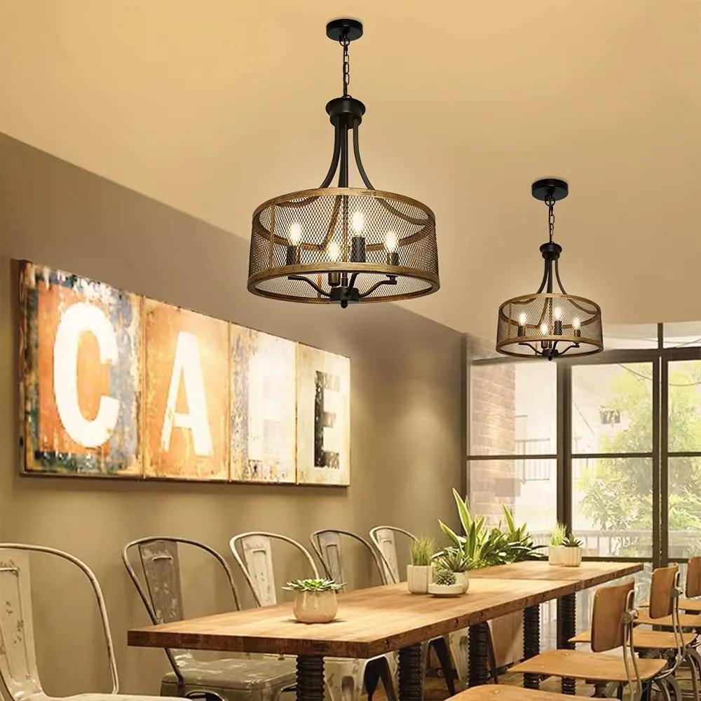Depuley 4-Light Farmhouse Industrial Chandelier Lighting, Drum Hanging Pendant Light Fixture with Antique Gold and Matte Black for Dining Room Kitchen Living Room, Height Adjustable