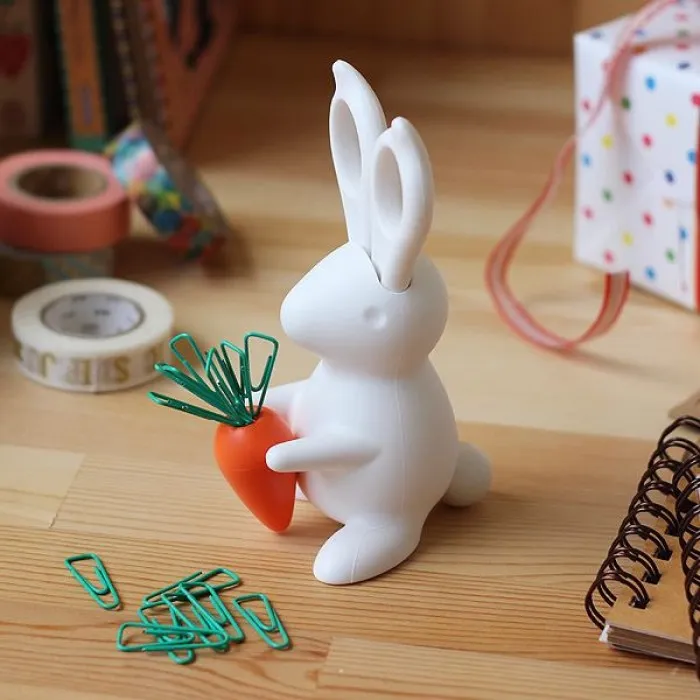 Desk Bunny Scissors and Magnetic Carrot with Paper Clips in White