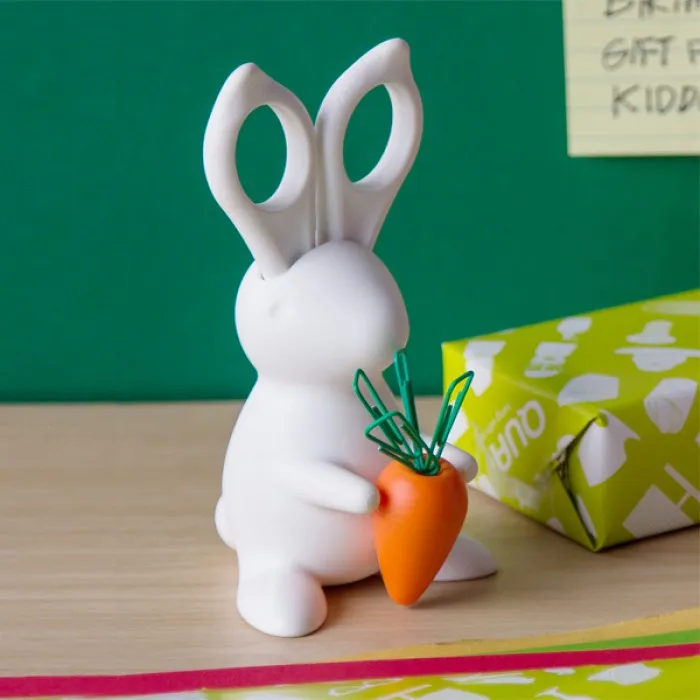 Desk Bunny Scissors and Magnetic Carrot with Paper Clips in White