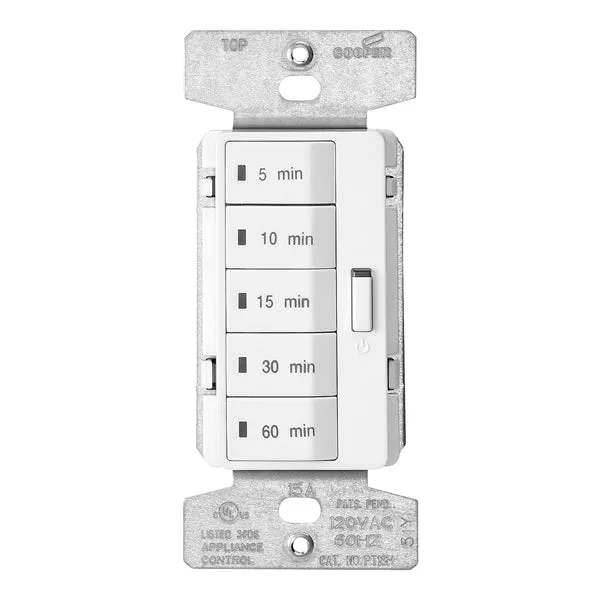 Eaton Wiring Devices PT18M-W-K Minute Timer, 15 A, 120 V, 1800 W, 5, 10, 15, 30, 60 min Off Time Setting, White