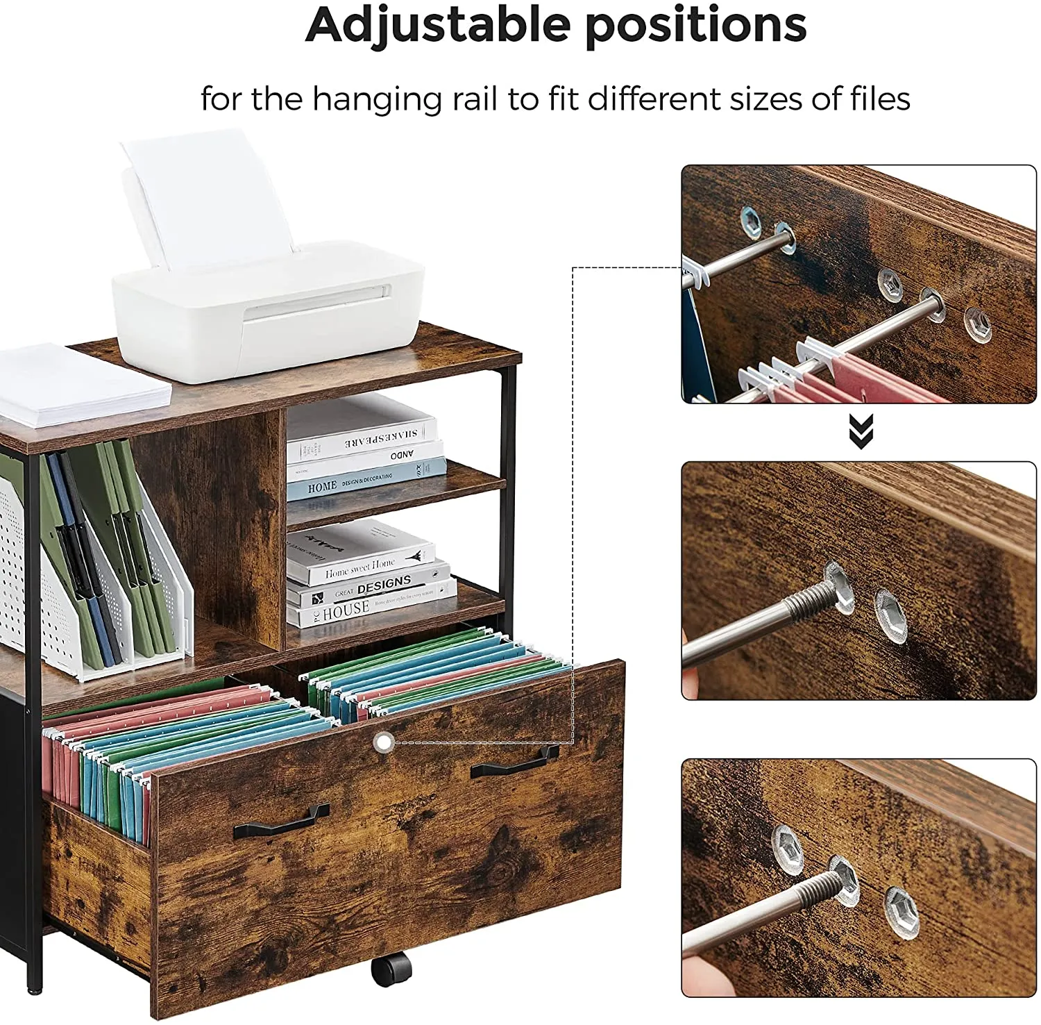 Filing Cabinet for Home Office, File Cabinet with Open Shelves and Drawer, for A4 and Letter Sized Documents, Printer Stand with Casters
