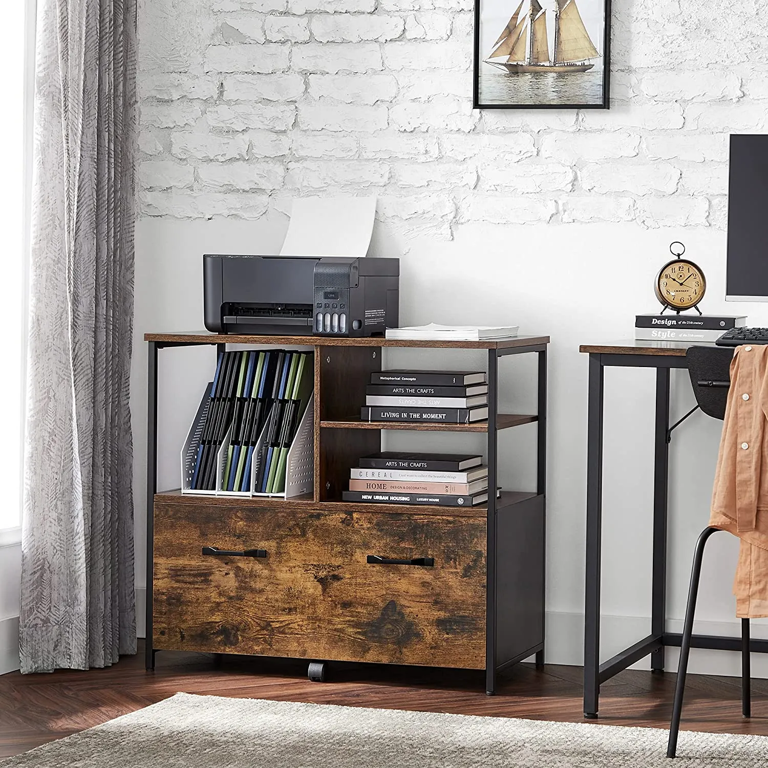 Filing Cabinet for Home Office, File Cabinet with Open Shelves and Drawer, for A4 and Letter Sized Documents, Printer Stand with Casters