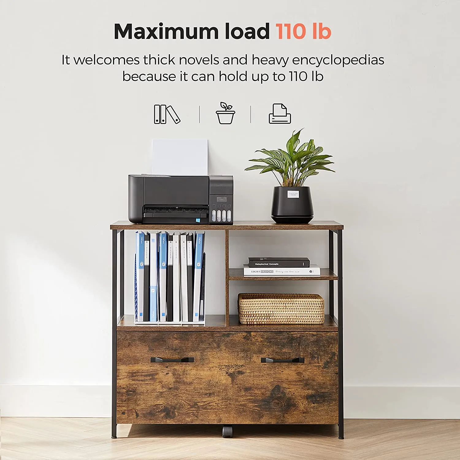 Filing Cabinet for Home Office, File Cabinet with Open Shelves and Drawer, for A4 and Letter Sized Documents, Printer Stand with Casters