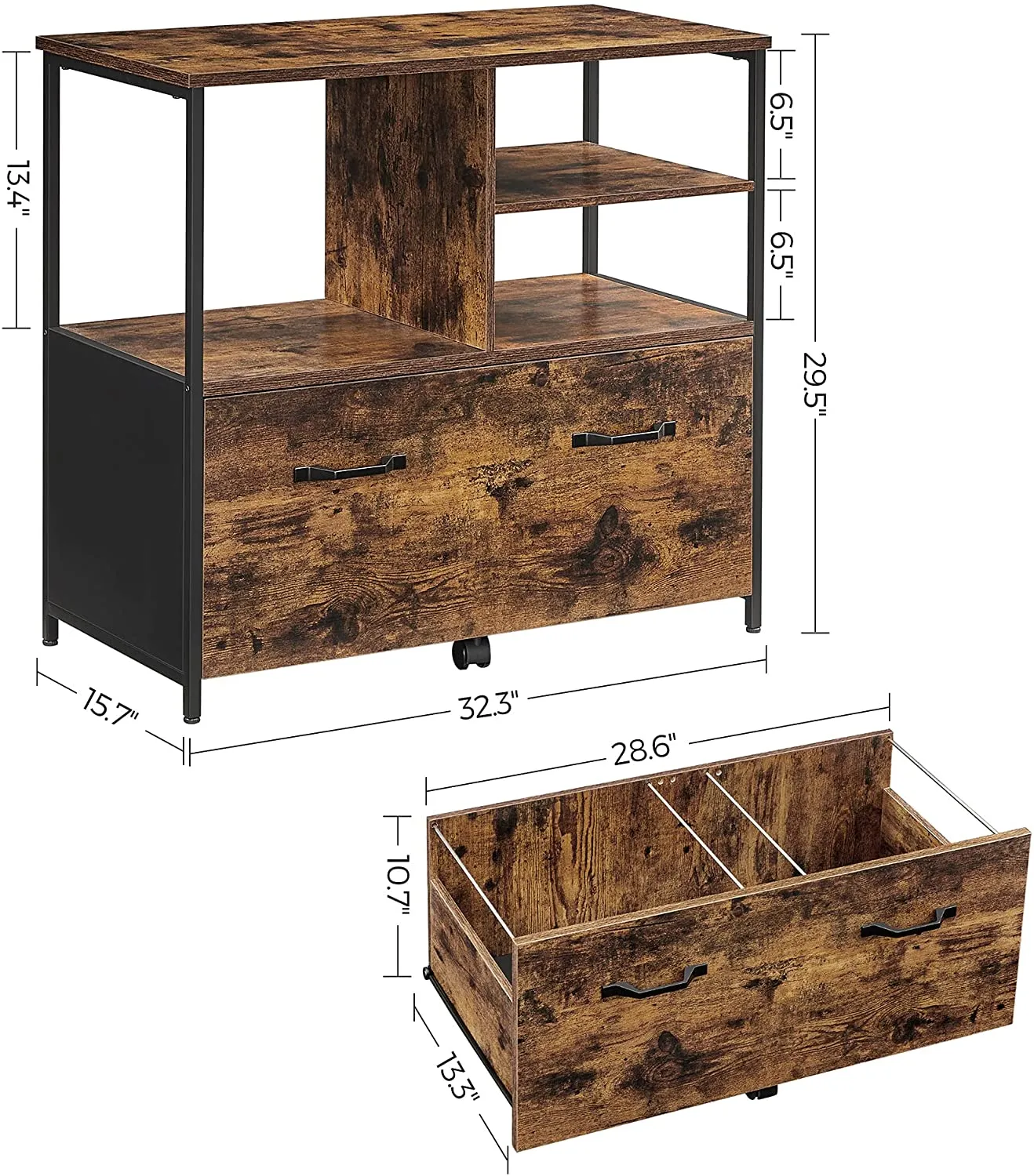 Filing Cabinet for Home Office, File Cabinet with Open Shelves and Drawer, for A4 and Letter Sized Documents, Printer Stand with Casters