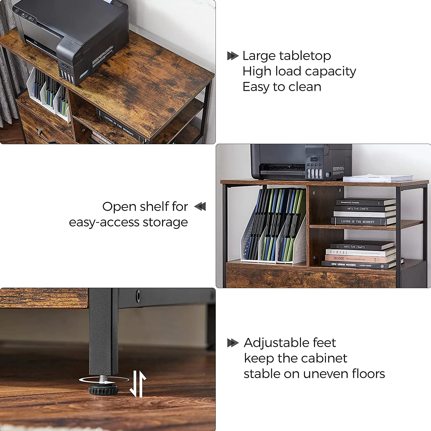 Filing Cabinet for Home Office, File Cabinet with Open Shelves and Drawer, for A4 and Letter Sized Documents, Printer Stand with Casters