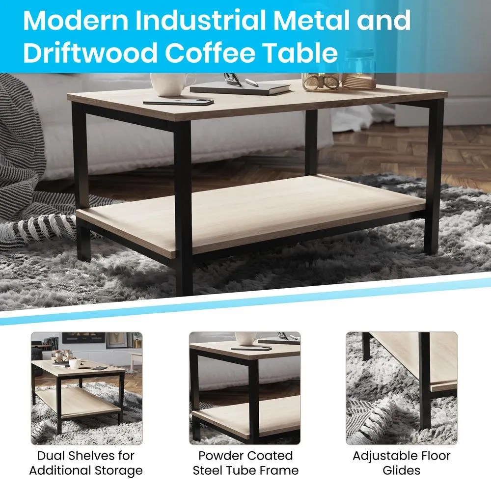 Finley Modern Industrial 2 Tier Rectangular Metal And Driftwood Coffee Table By Flash Furniture