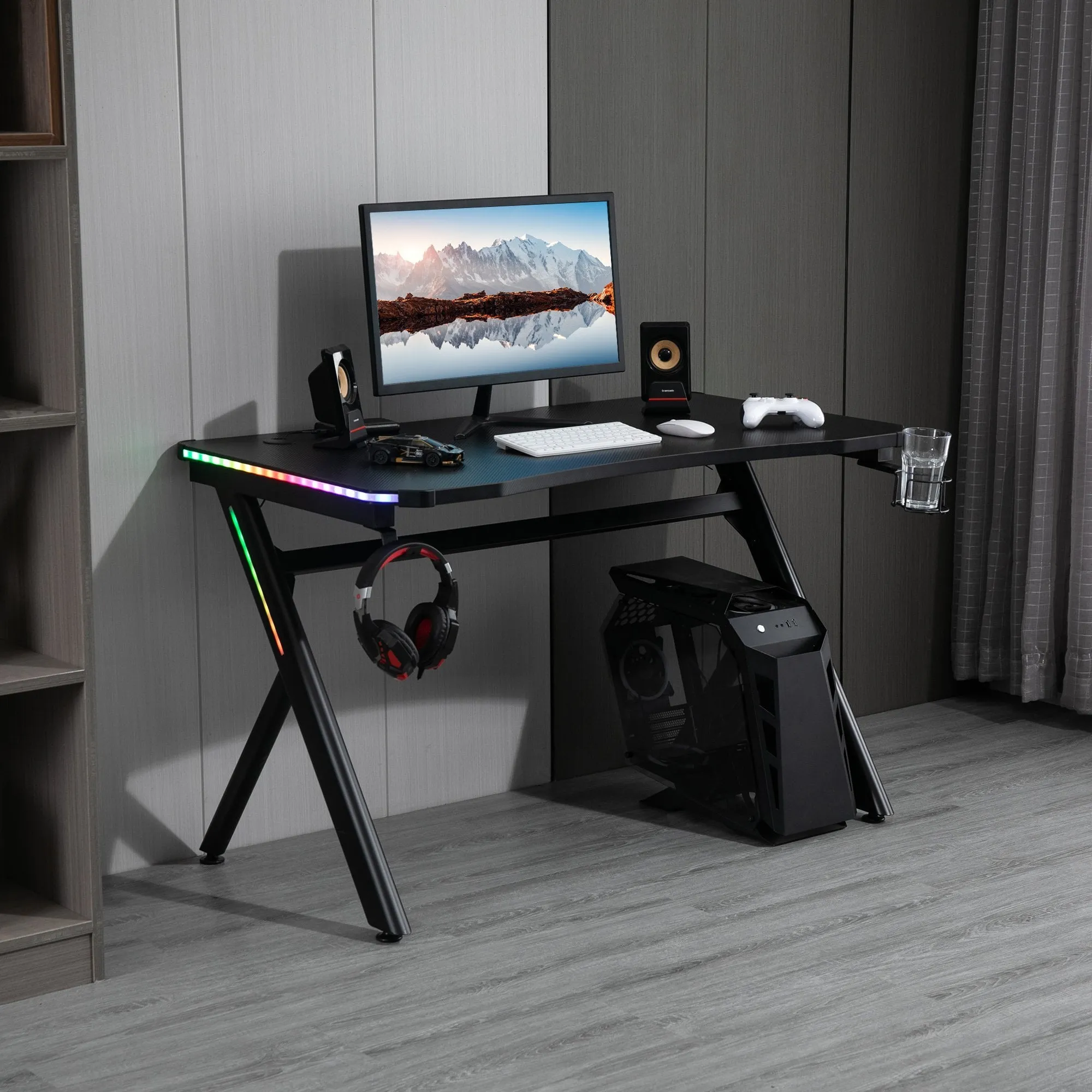 Gaming Desk Computer Table Metal Frame with LED Light, Cup Holder, Headphone Hook, Cable Hole Holder Hook