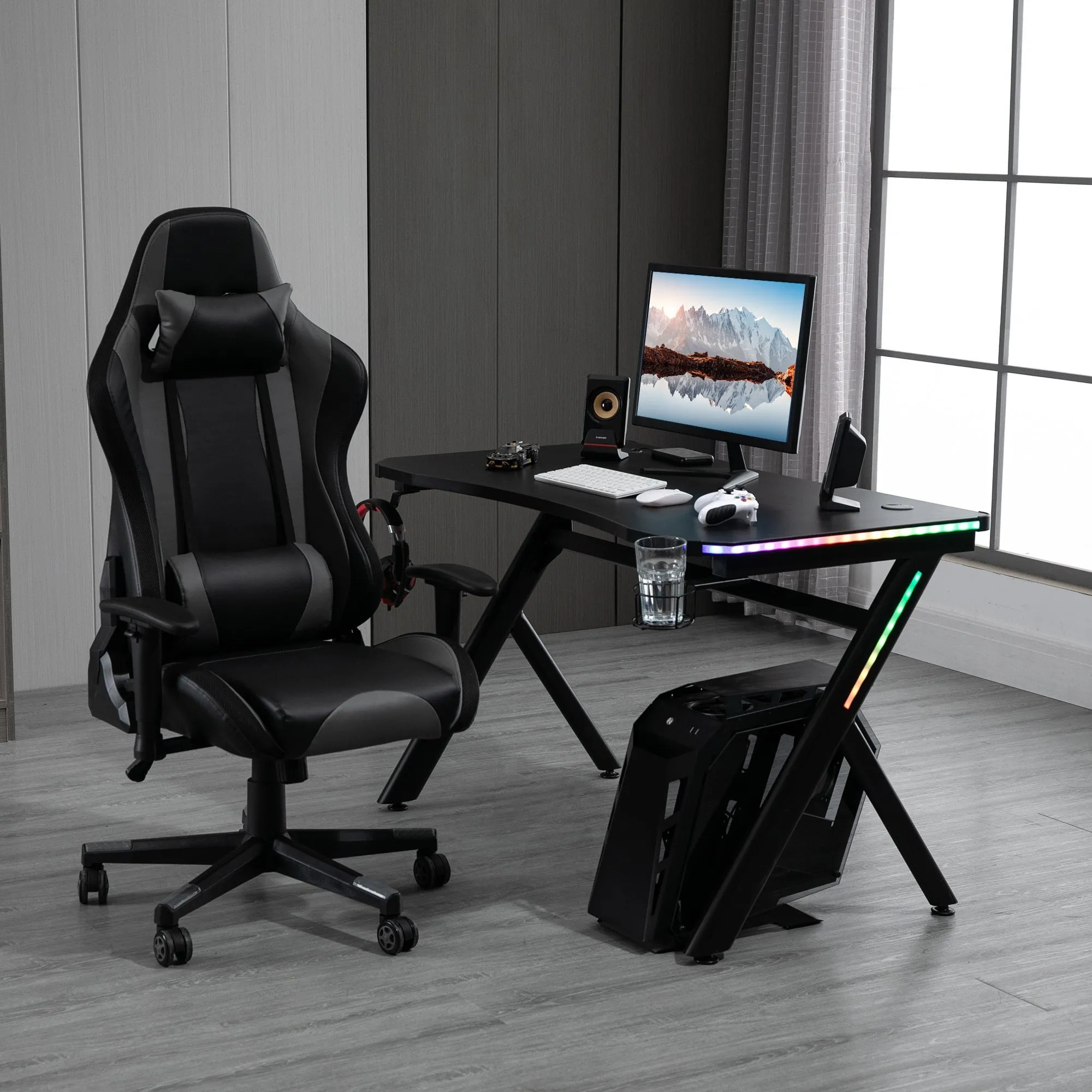 Gaming Desk Computer Table Metal Frame with LED Light, Cup Holder, Headphone Hook, Cable Hole Holder Hook