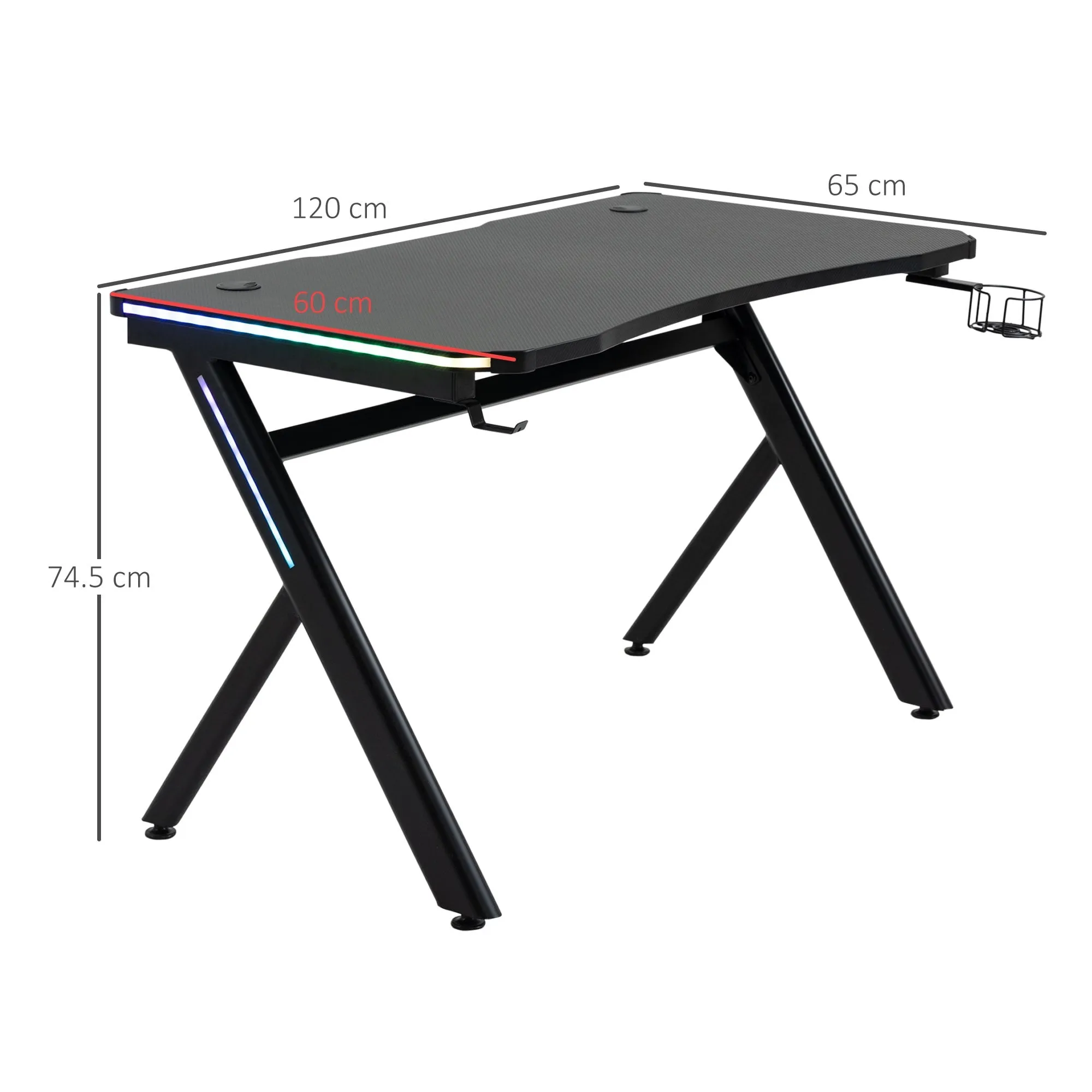 Gaming Desk Computer Table Metal Frame with LED Light, Cup Holder, Headphone Hook, Cable Hole Holder Hook