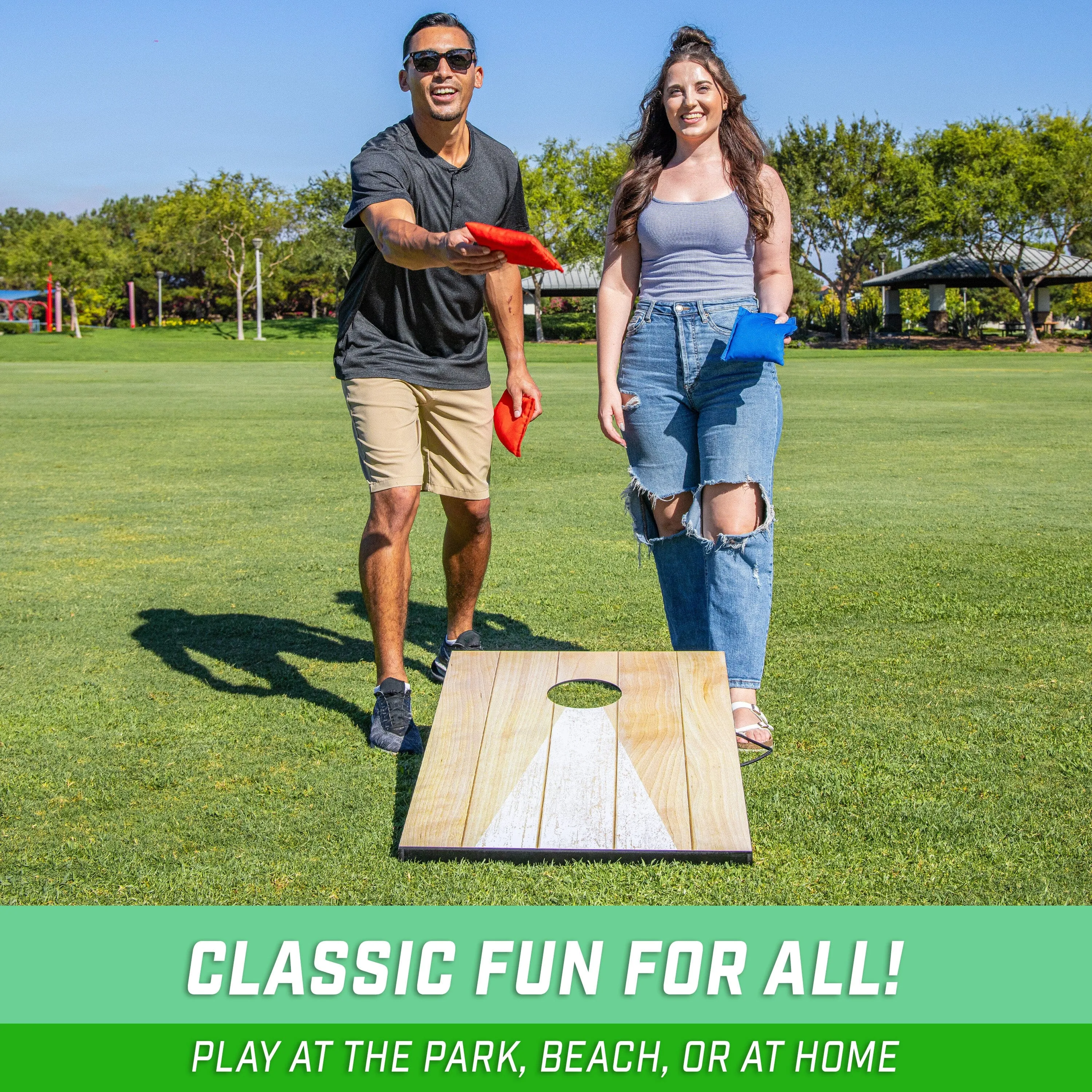 GoSports 3 x 2 ft Cornhole Board Set - Portable Outdoor Toss Game for Adults & Family - Includes Set of 8 Bean Bags with Built-in Storage - Bright Rustic