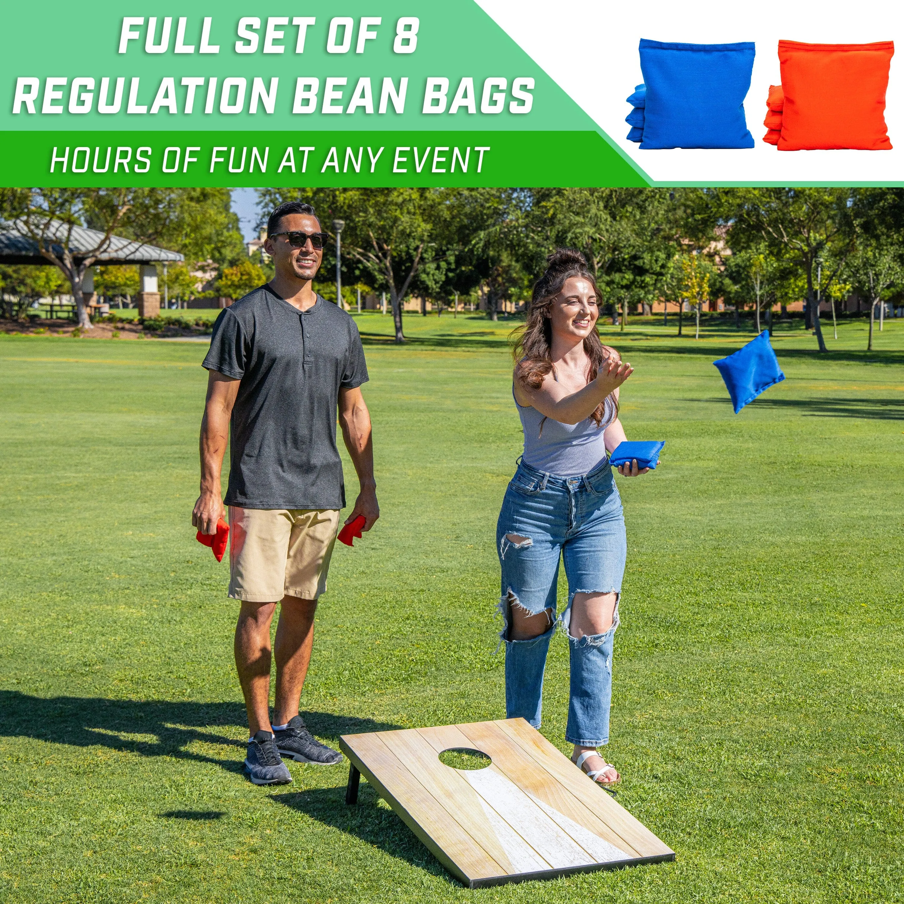 GoSports 3 x 2 ft Cornhole Board Set - Portable Outdoor Toss Game for Adults & Family - Includes Set of 8 Bean Bags with Built-in Storage - Bright Rustic