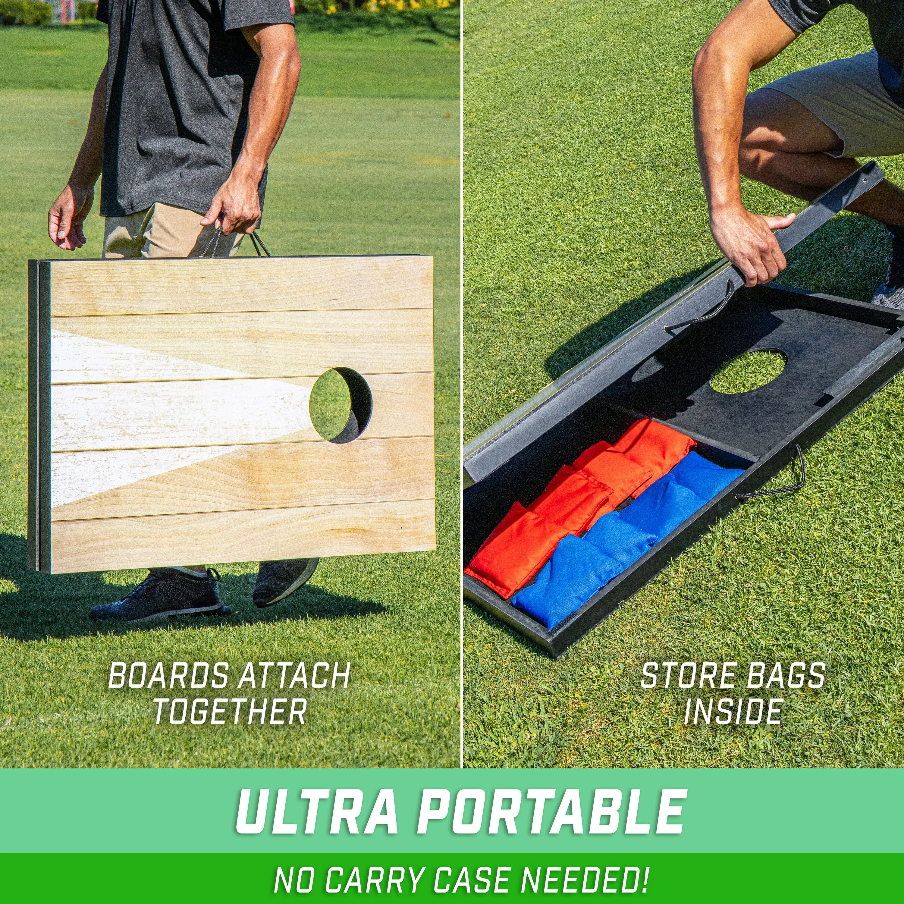 GoSports 3 x 2 ft Cornhole Board Set - Portable Outdoor Toss Game for Adults & Family - Includes Set of 8 Bean Bags with Built-in Storage - Bright Rustic