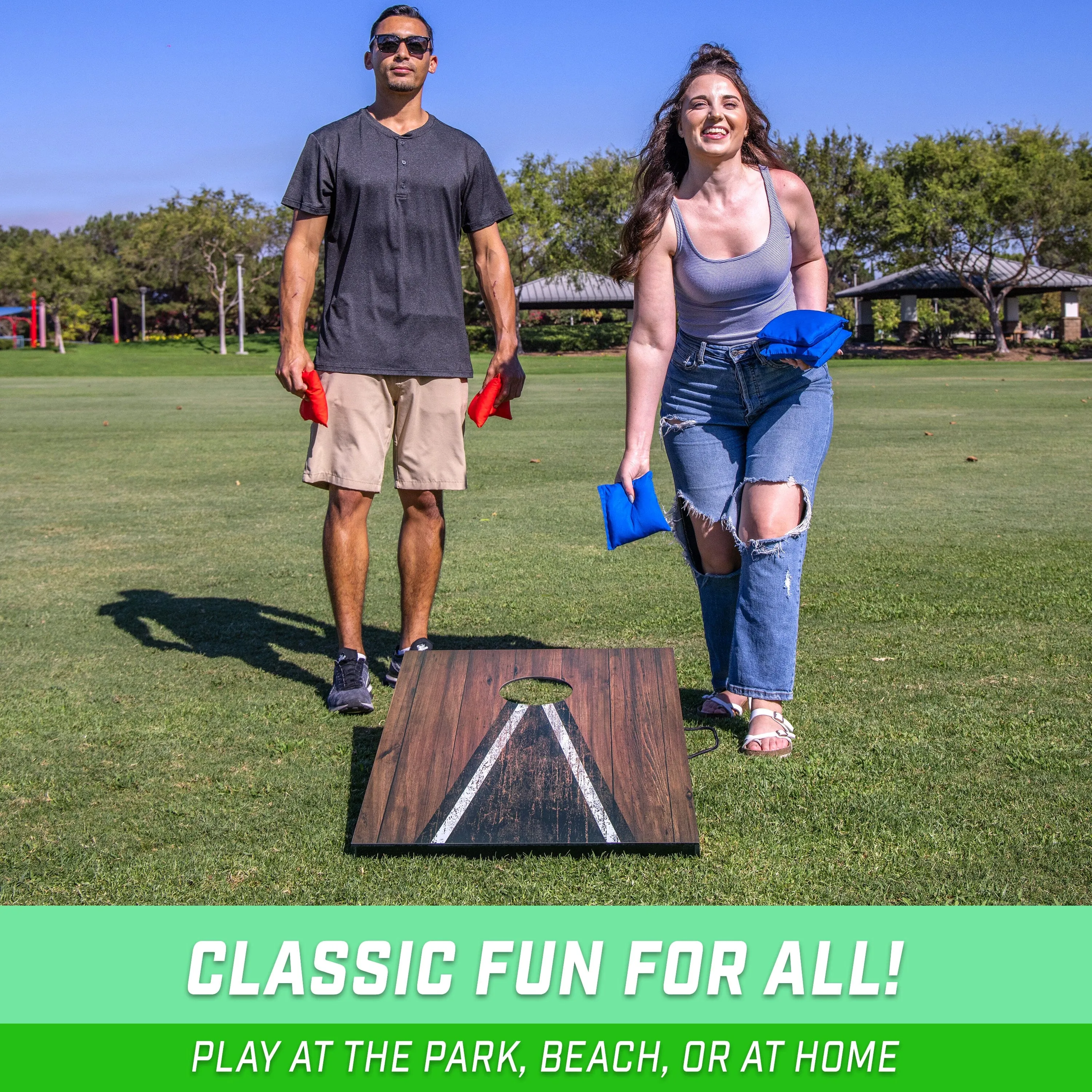 GoSports 3 x 2 ft Cornhole Board Set - Portable Outdoor Toss Game for Adults & Family - Includes Set of 8 Bean Bags with Built-in Storage - Dark Rustic