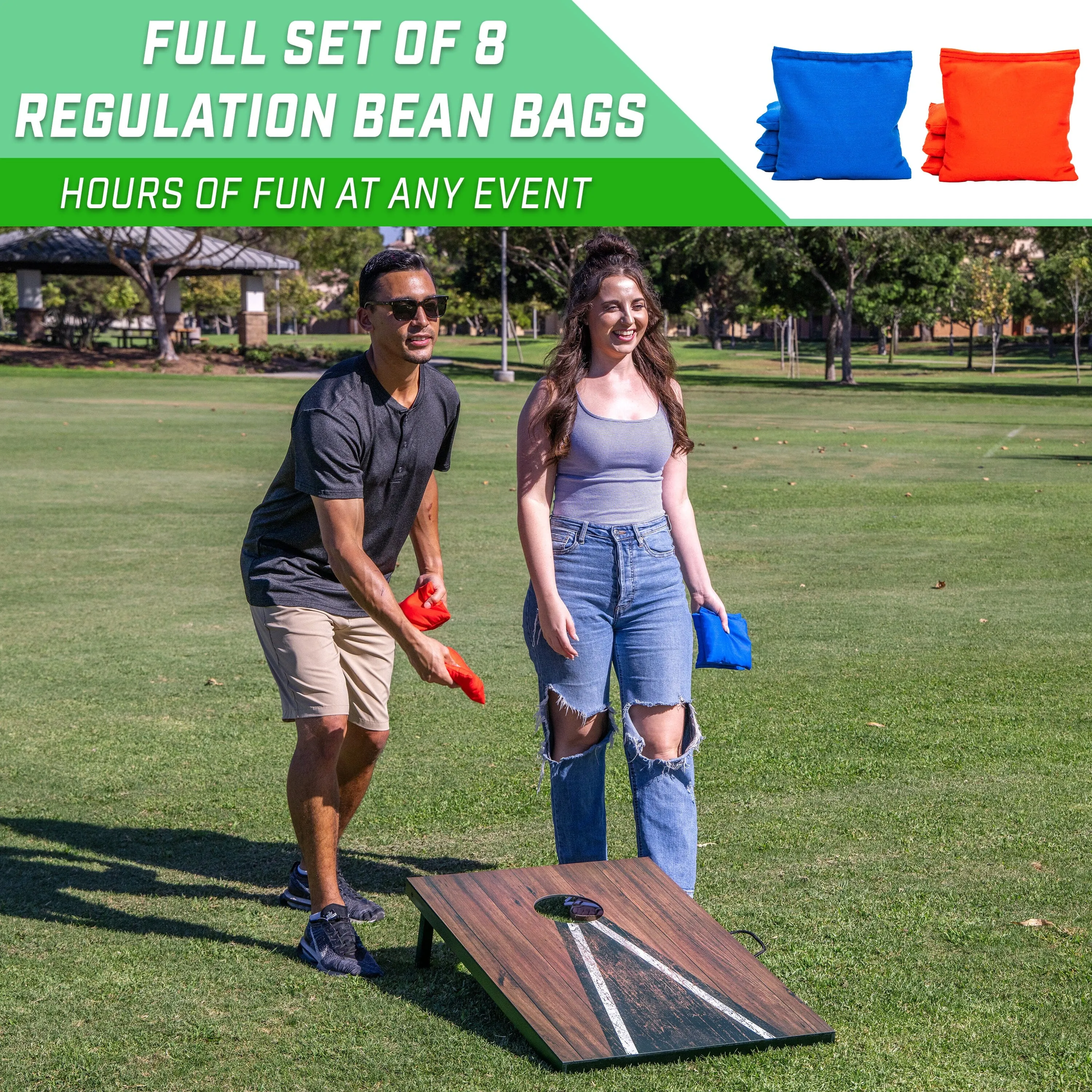 GoSports 3 x 2 ft Cornhole Board Set - Portable Outdoor Toss Game for Adults & Family - Includes Set of 8 Bean Bags with Built-in Storage - Dark Rustic