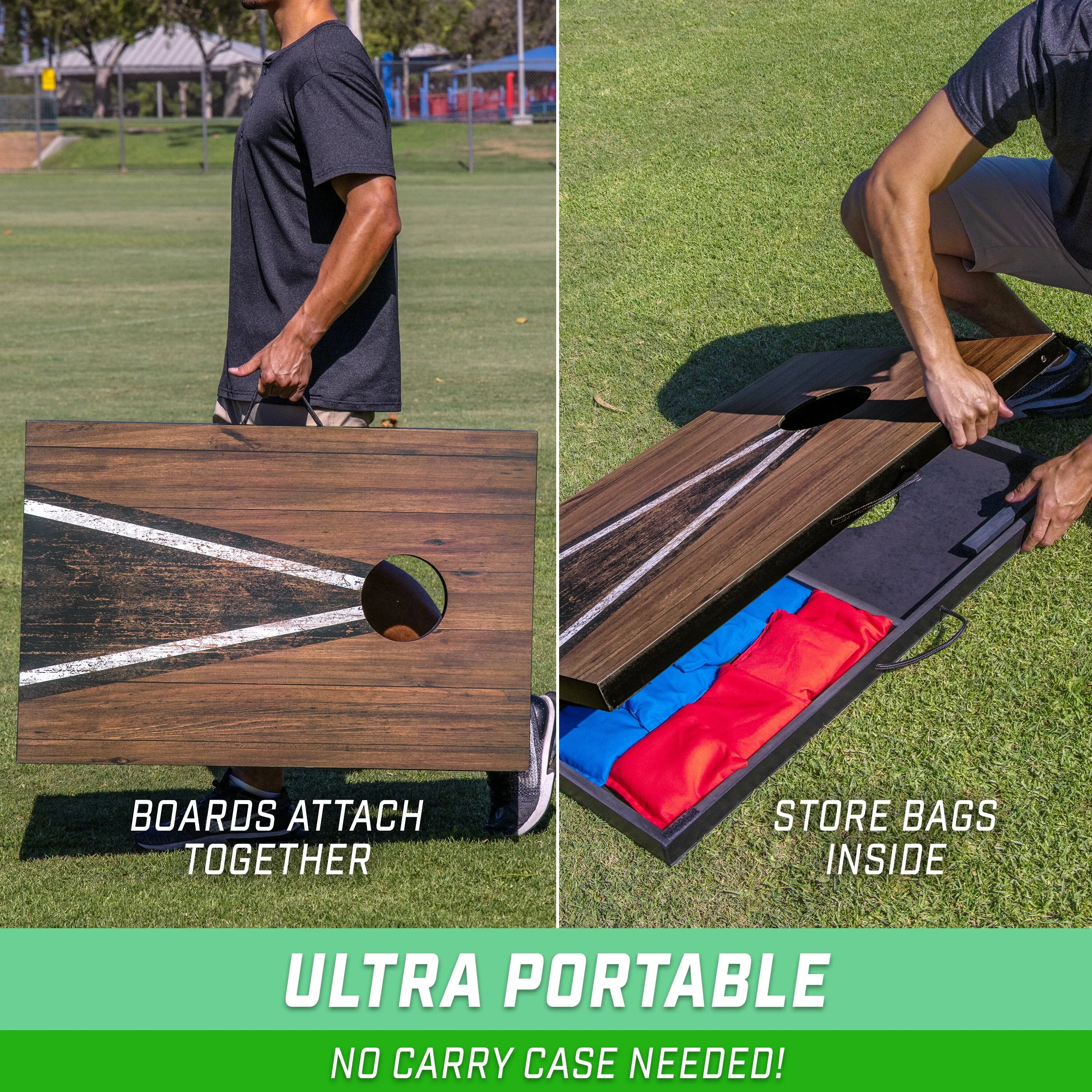 GoSports 3 x 2 ft Cornhole Board Set - Portable Outdoor Toss Game for Adults & Family - Includes Set of 8 Bean Bags with Built-in Storage - Dark Rustic