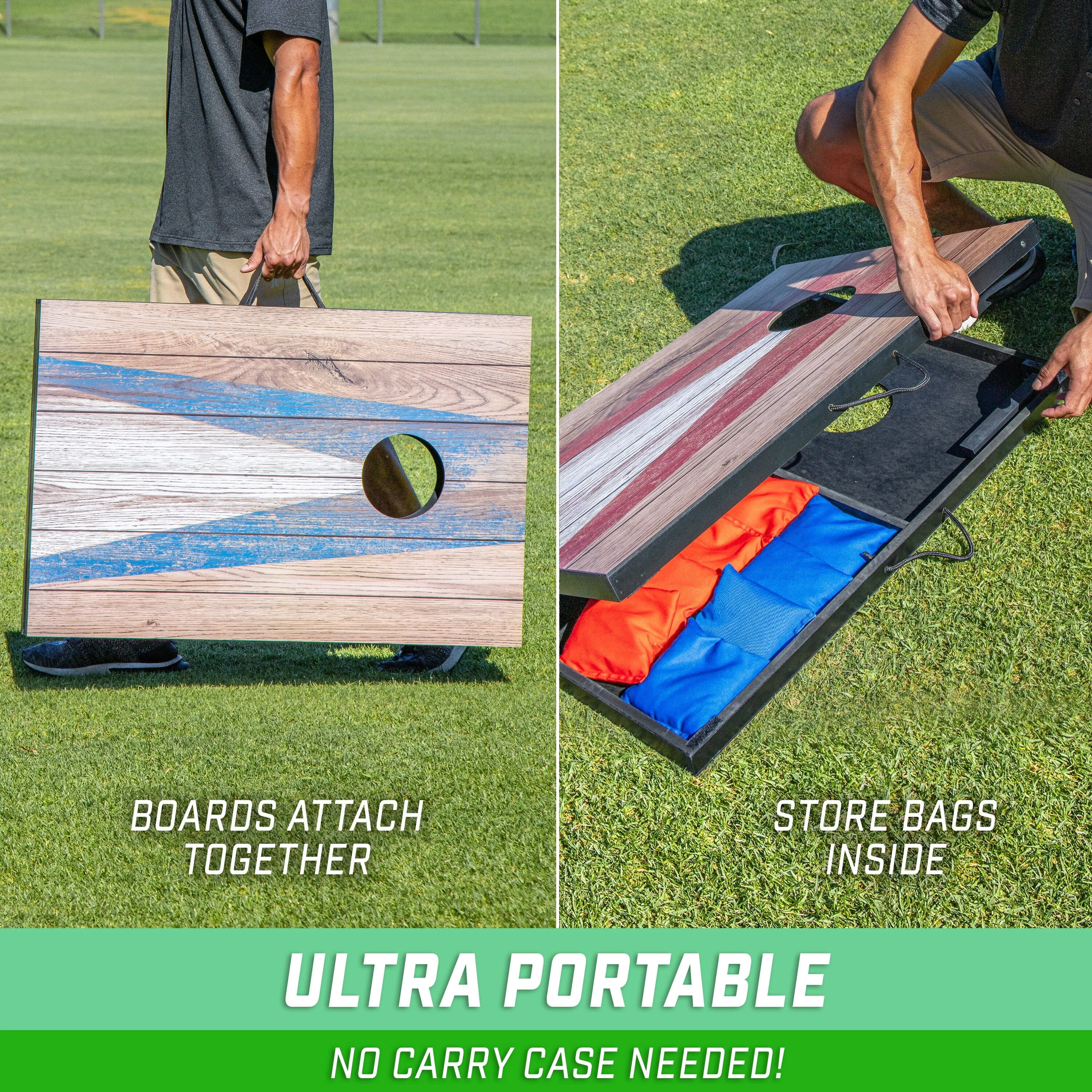GoSports 3 x 2 ft Cornhole Board Set - Portable Outdoor Toss Game for Adults & Family - Includes Set of 8 Bean Bags with Built-in Storage - Rustic