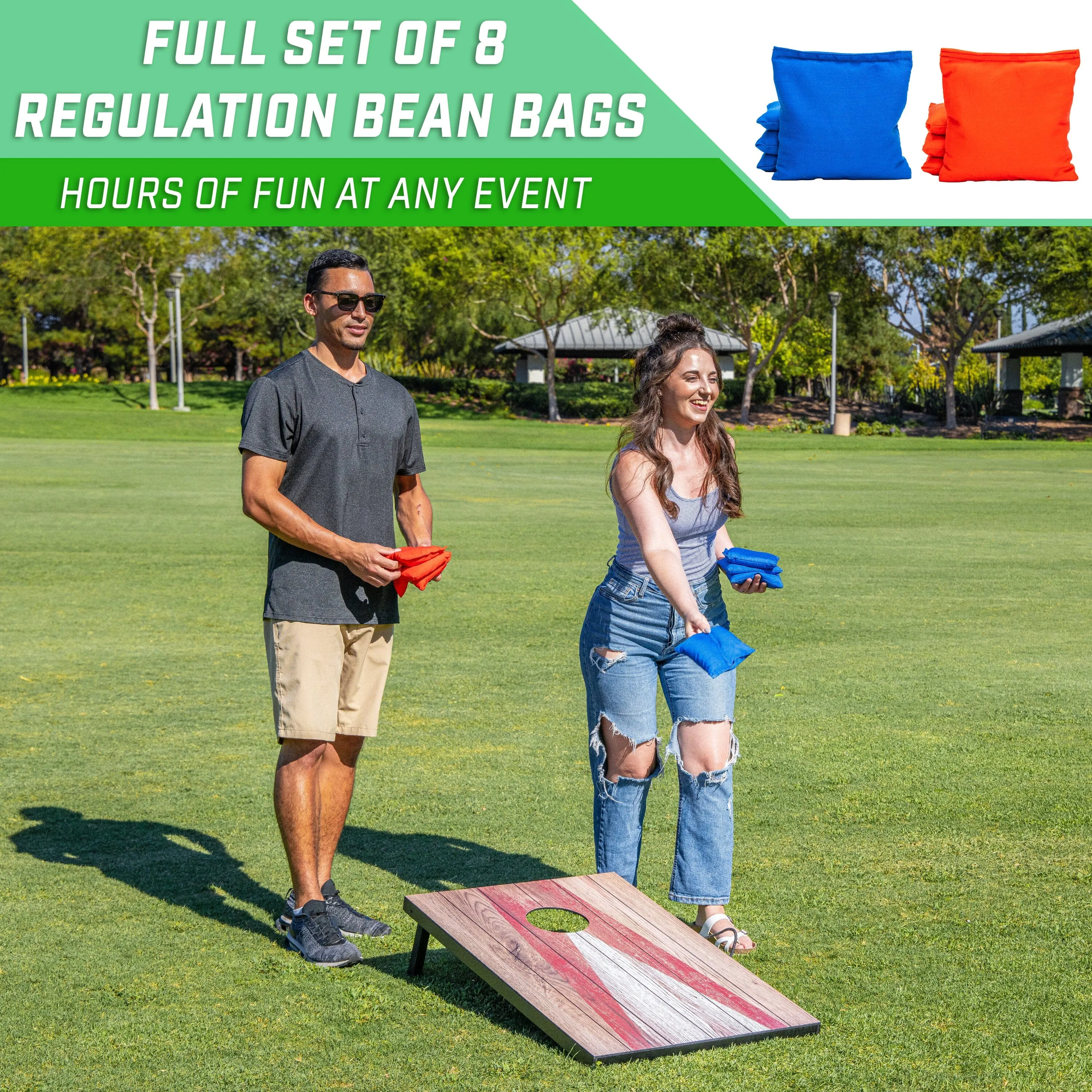 GoSports 3 x 2 ft Cornhole Board Set - Portable Outdoor Toss Game for Adults & Family - Includes Set of 8 Bean Bags with Built-in Storage - Rustic