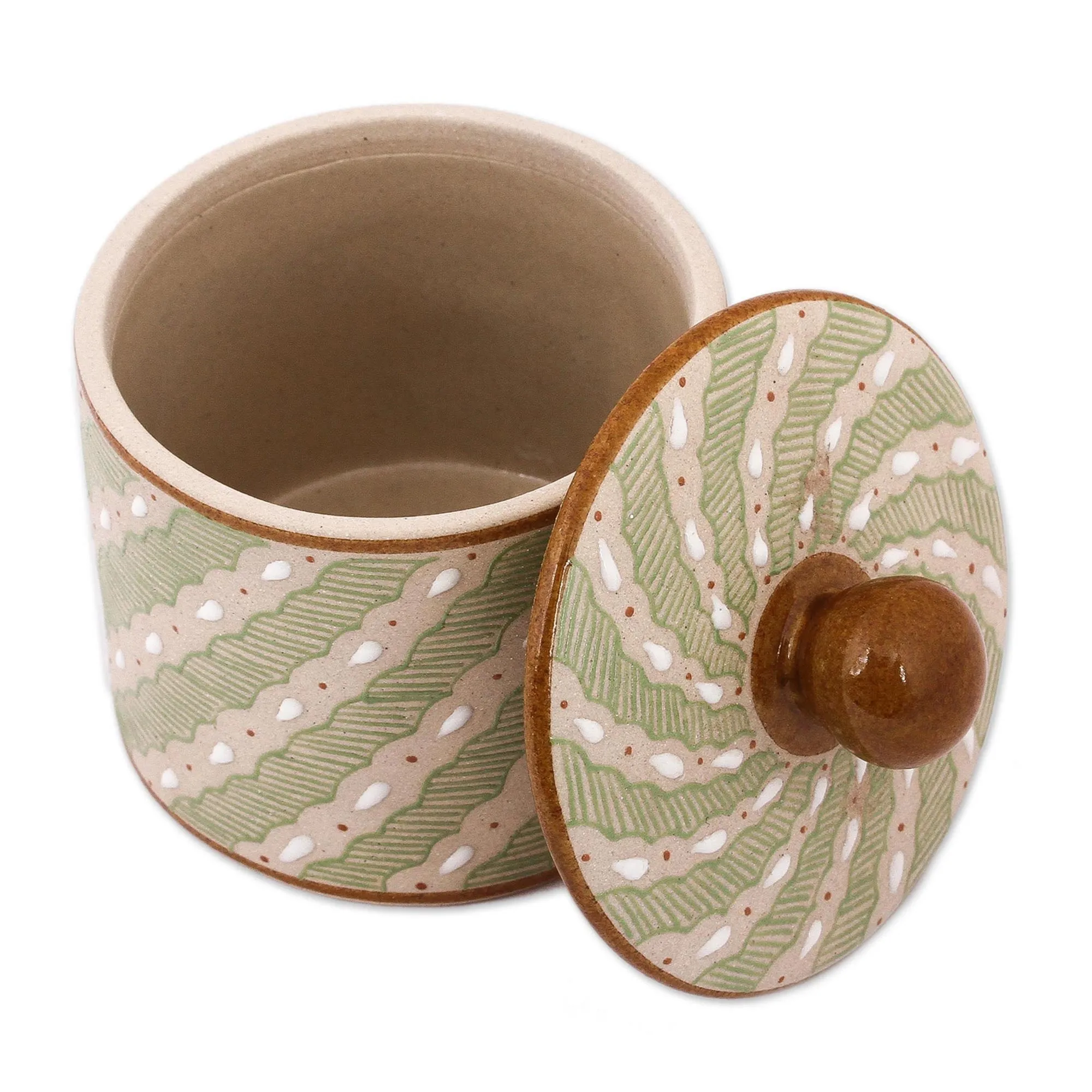 Green Striped Ceramic Cylindrical Decorative Jar - Cloud Crossing in Green | NOVICA