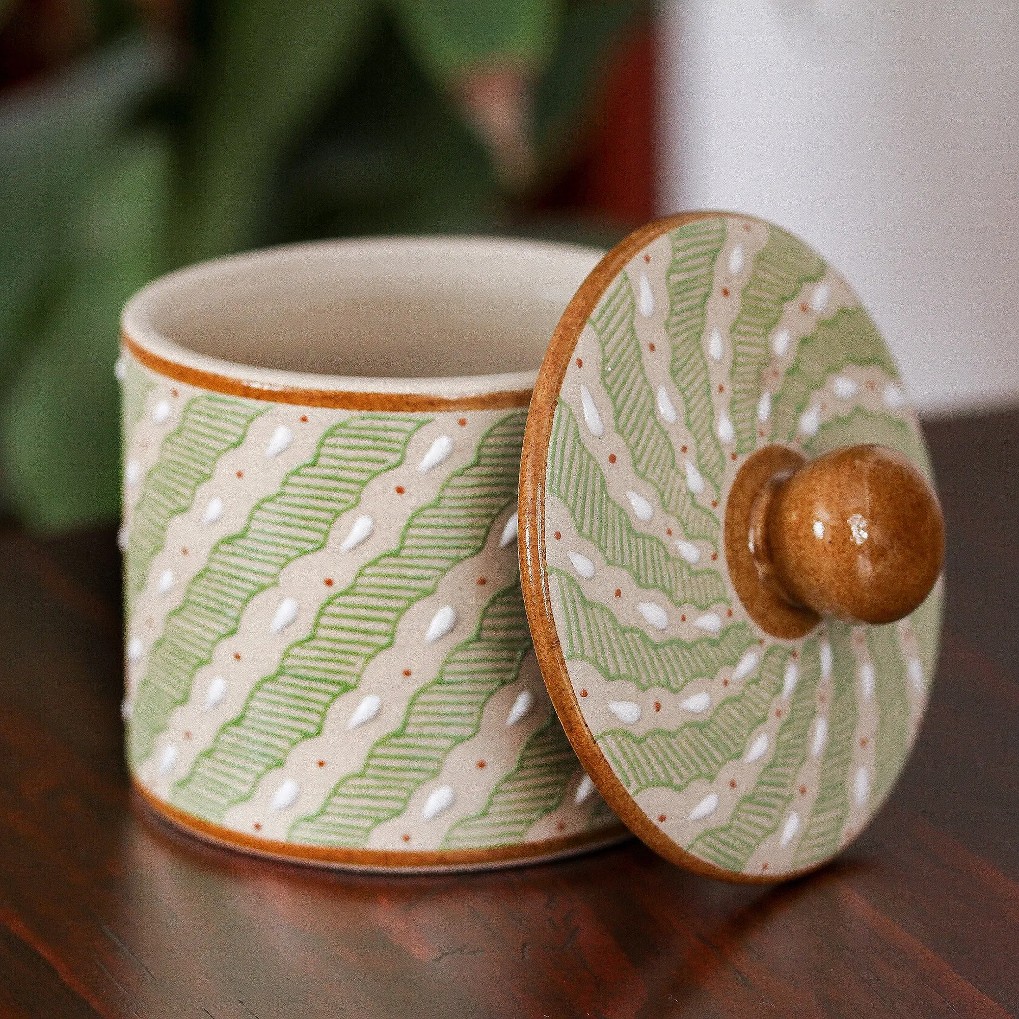 Green Striped Ceramic Cylindrical Decorative Jar - Cloud Crossing in Green | NOVICA