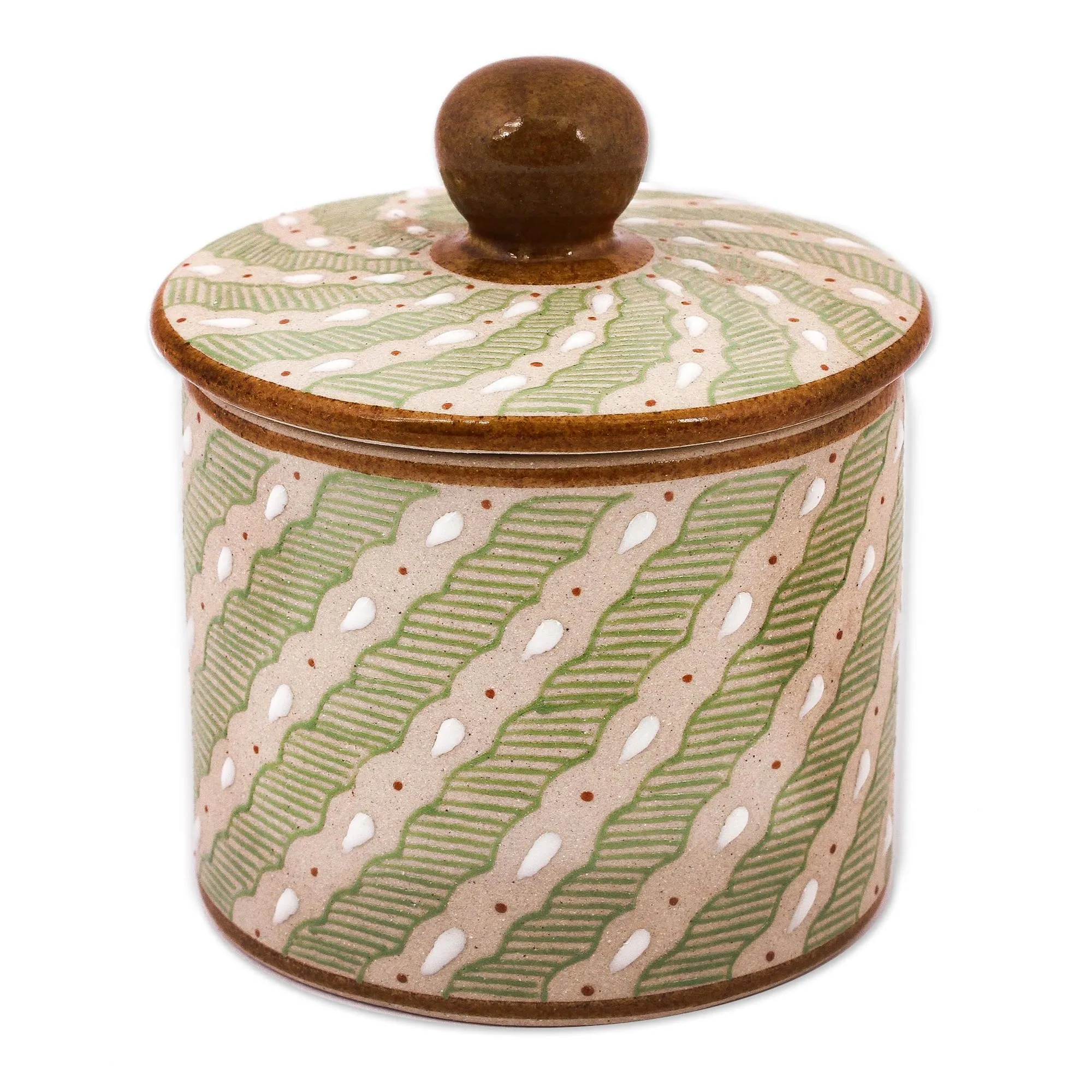 Green Striped Ceramic Cylindrical Decorative Jar - Cloud Crossing in Green | NOVICA