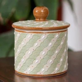 Green Striped Ceramic Cylindrical Decorative Jar - Cloud Crossing in Green | NOVICA