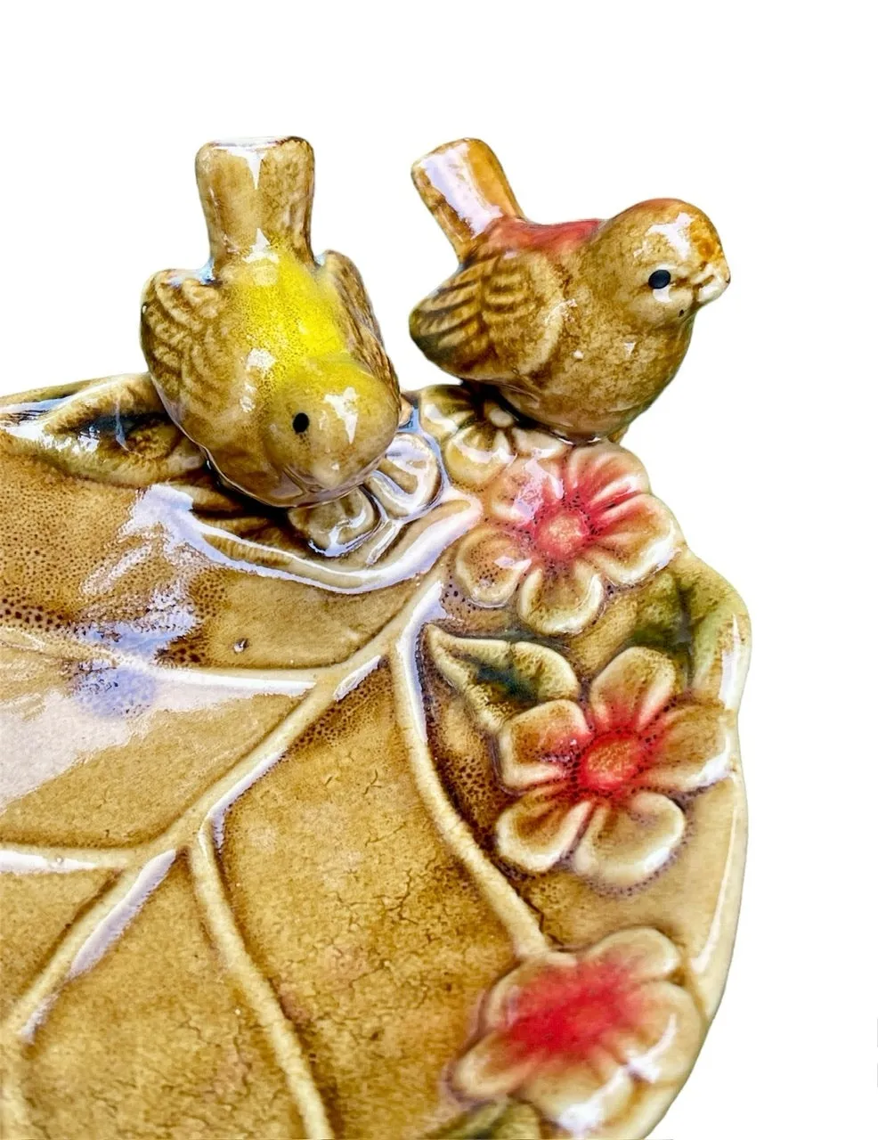 Hand Painted Majolica Birds on Amber Leaf Spoon Rest / Soap or Trinket Dish
