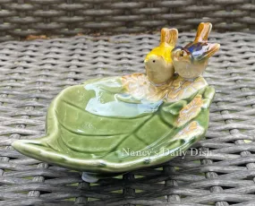 Hand Painted Majolica Birds on Green Leaf  Spoon Rest / Soap or Trinket Dish