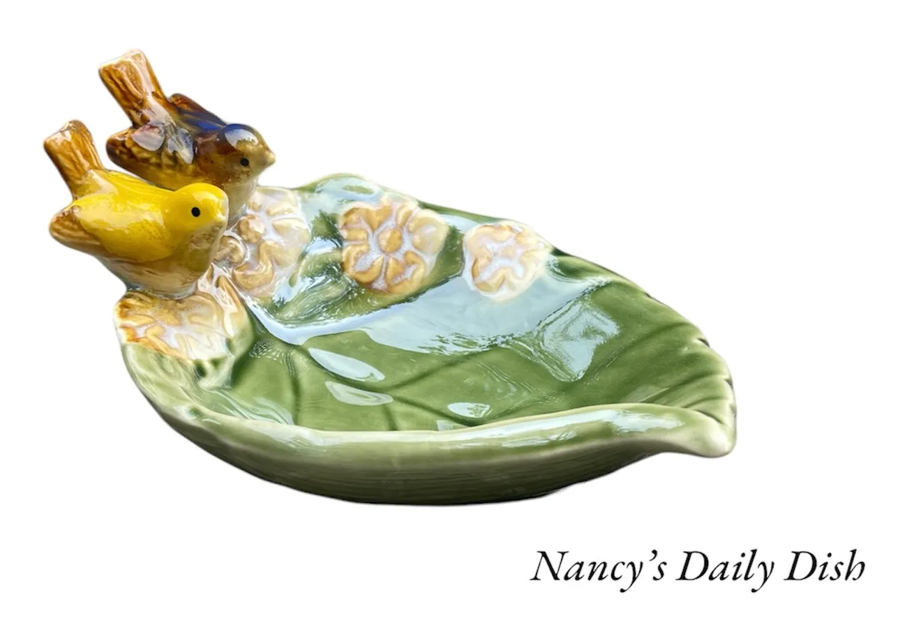 Hand Painted Majolica Birds on Green Leaf  Spoon Rest / Soap or Trinket Dish