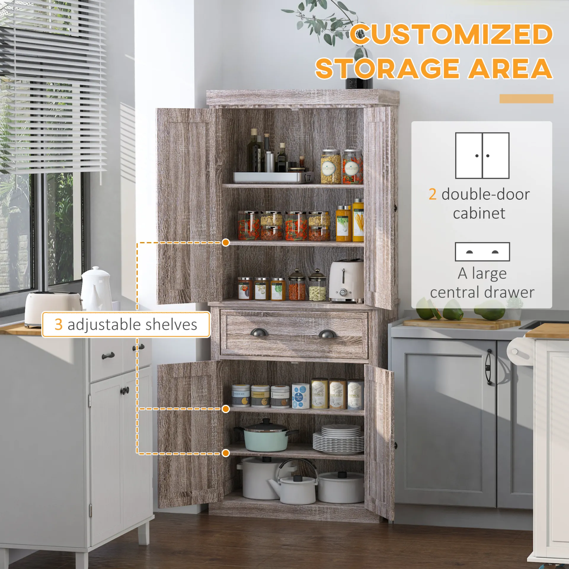 HOMCOM Traditional Colonial Freestanding Kitchen Cupboard with Adjustable Shelves and Sliding Drawer, Dark Wood Grain