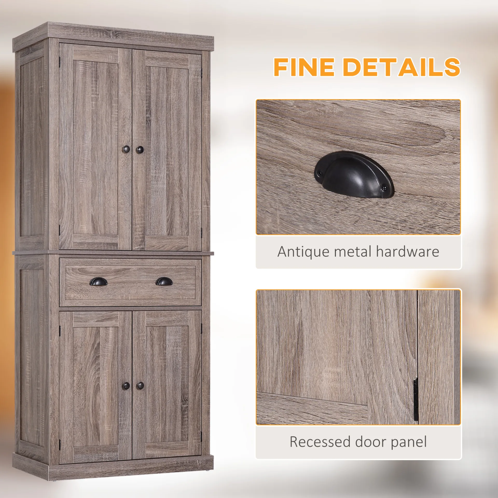 HOMCOM Traditional Colonial Freestanding Kitchen Cupboard with Adjustable Shelves and Sliding Drawer, Dark Wood Grain