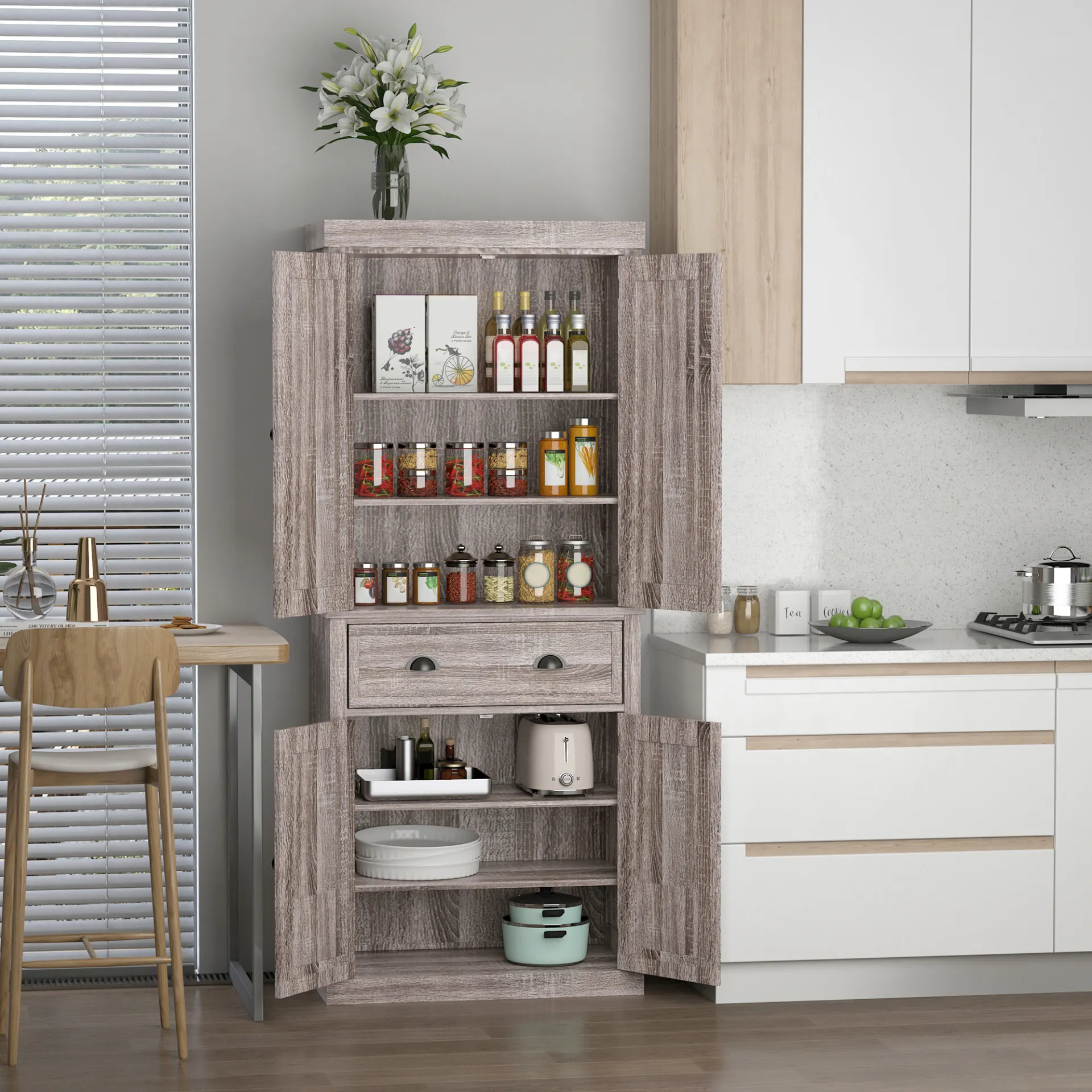 HOMCOM Traditional Colonial Freestanding Kitchen Cupboard with Adjustable Shelves and Sliding Drawer, Dark Wood Grain