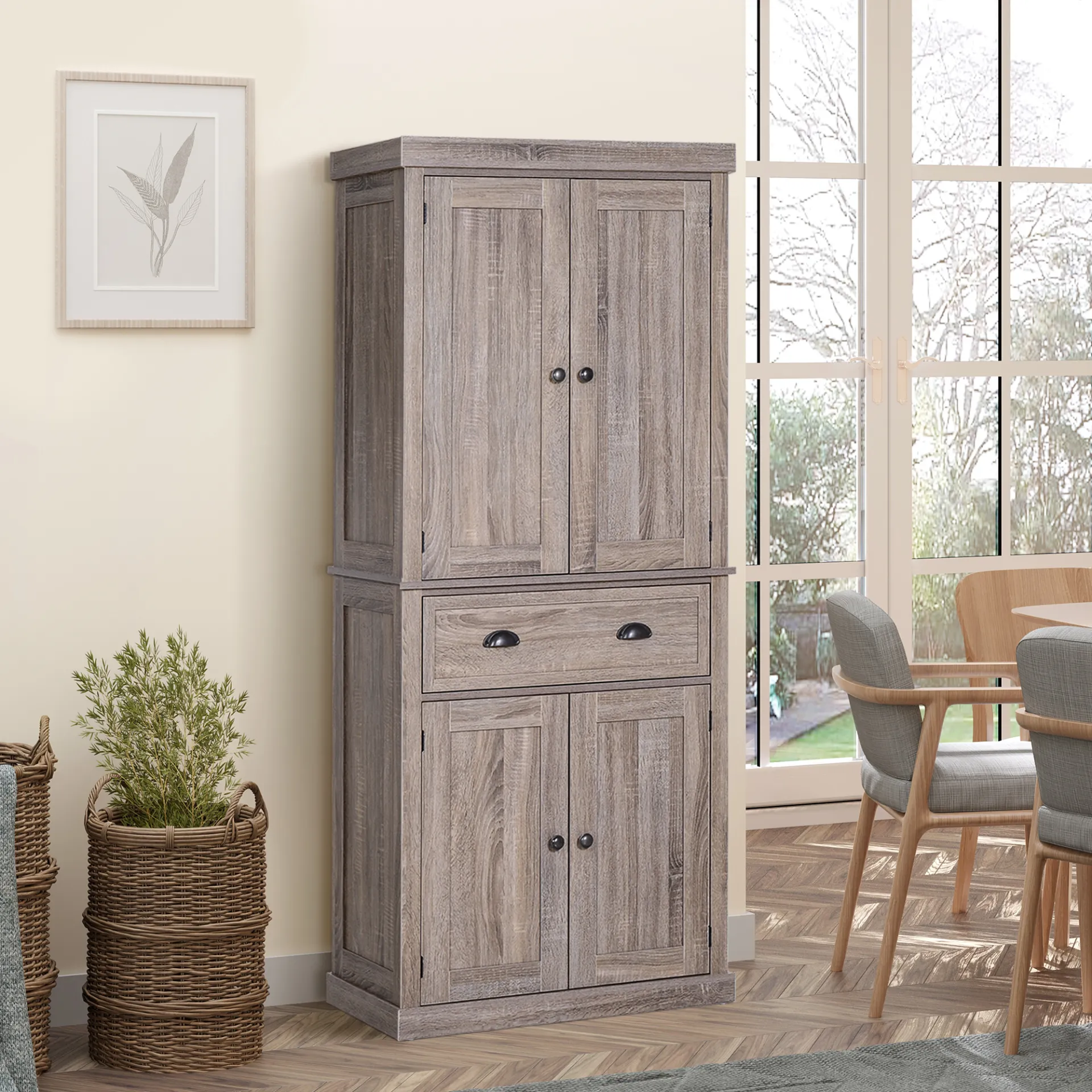 HOMCOM Traditional Colonial Freestanding Kitchen Cupboard with Adjustable Shelves and Sliding Drawer, Dark Wood Grain