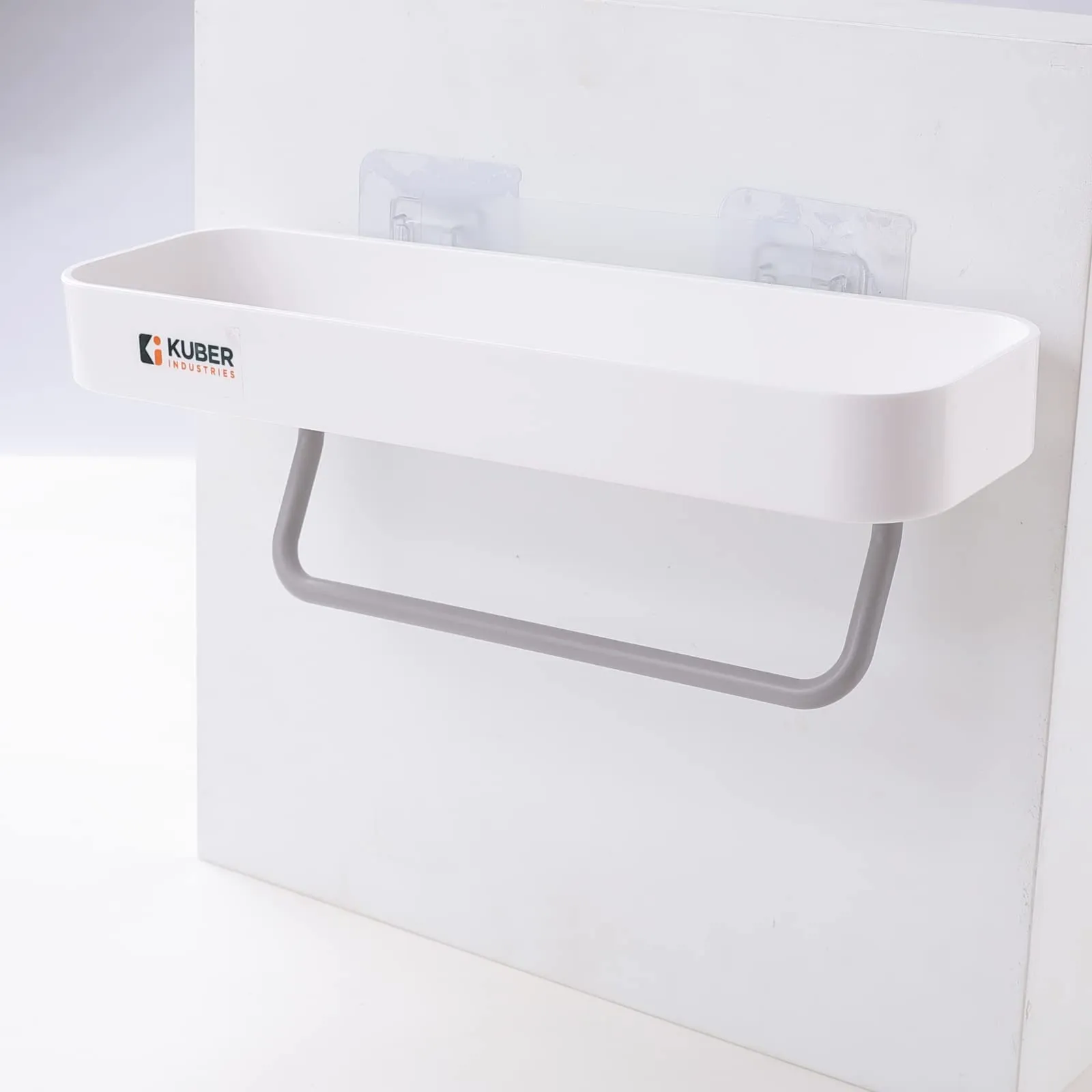 Kuber Industries Set of 2 Bathroom Organizer with Towel Hanger |Self-Adhesive Wall Shelf|Non-Toxic|Easy to Fit Plastic Bathroom Shelf|Multipurpose Wall Mounted Shelf for Bathroom & Kitchen|1323|White