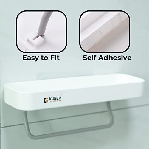 Kuber Industries Set of 2 Bathroom Organizer with Towel Hanger |Self-Adhesive Wall Shelf|Non-Toxic|Easy to Fit Plastic Bathroom Shelf|Multipurpose Wall Mounted Shelf for Bathroom & Kitchen|1323|White