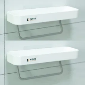 Kuber Industries Set of 2 Bathroom Organizer with Towel Hanger |Self-Adhesive Wall Shelf|Non-Toxic|Easy to Fit Plastic Bathroom Shelf|Multipurpose Wall Mounted Shelf for Bathroom & Kitchen|1323|White