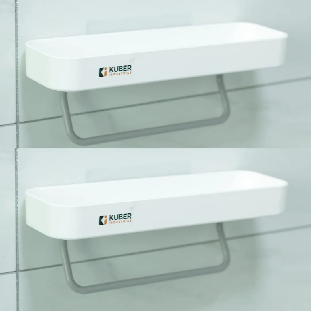 Kuber Industries Set of 2 Bathroom Organizer with Towel Hanger |Self-Adhesive Wall Shelf|Non-Toxic|Easy to Fit Plastic Bathroom Shelf|Multipurpose Wall Mounted Shelf for Bathroom & Kitchen|1323|White