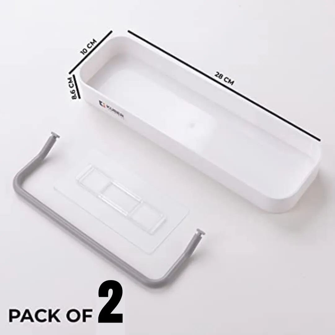 Kuber Industries Set of 2 Bathroom Organizer with Towel Hanger |Self-Adhesive Wall Shelf|Non-Toxic|Easy to Fit Plastic Bathroom Shelf|Multipurpose Wall Mounted Shelf for Bathroom & Kitchen|1323|White