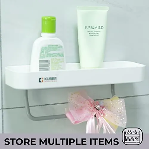 Kuber Industries Set of 2 Bathroom Organizer with Towel Hanger |Self-Adhesive Wall Shelf|Non-Toxic|Easy to Fit Plastic Bathroom Shelf|Multipurpose Wall Mounted Shelf for Bathroom & Kitchen|1323|White